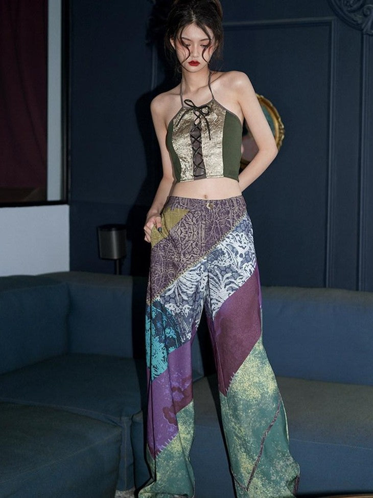 badtaste Western Vintage Colorblock Print Loose Slimming Long Women's Wide-leg Pants