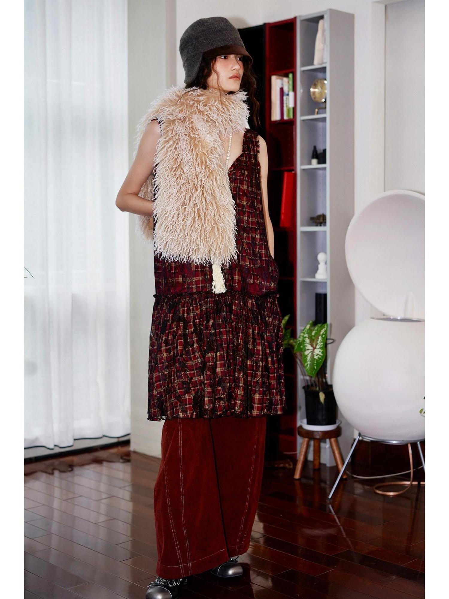 badtaste Western Vintage Lace Spliced V-neck Sleeveless Women's Suede Slip Midi Dresses