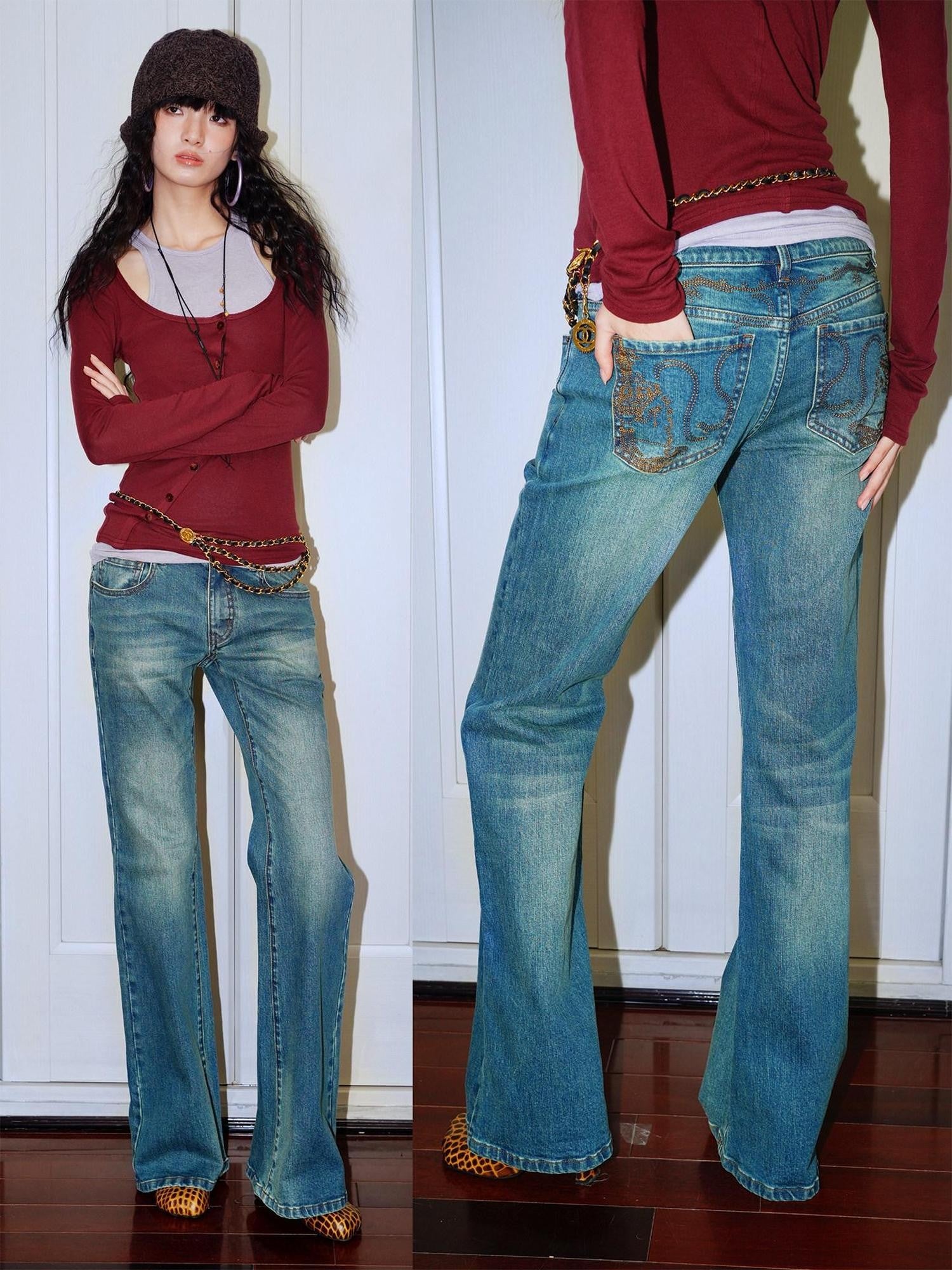 badtaste Western Vintage Machine Embroidered Slim Low Waist Women's Cotton Flare Jeans