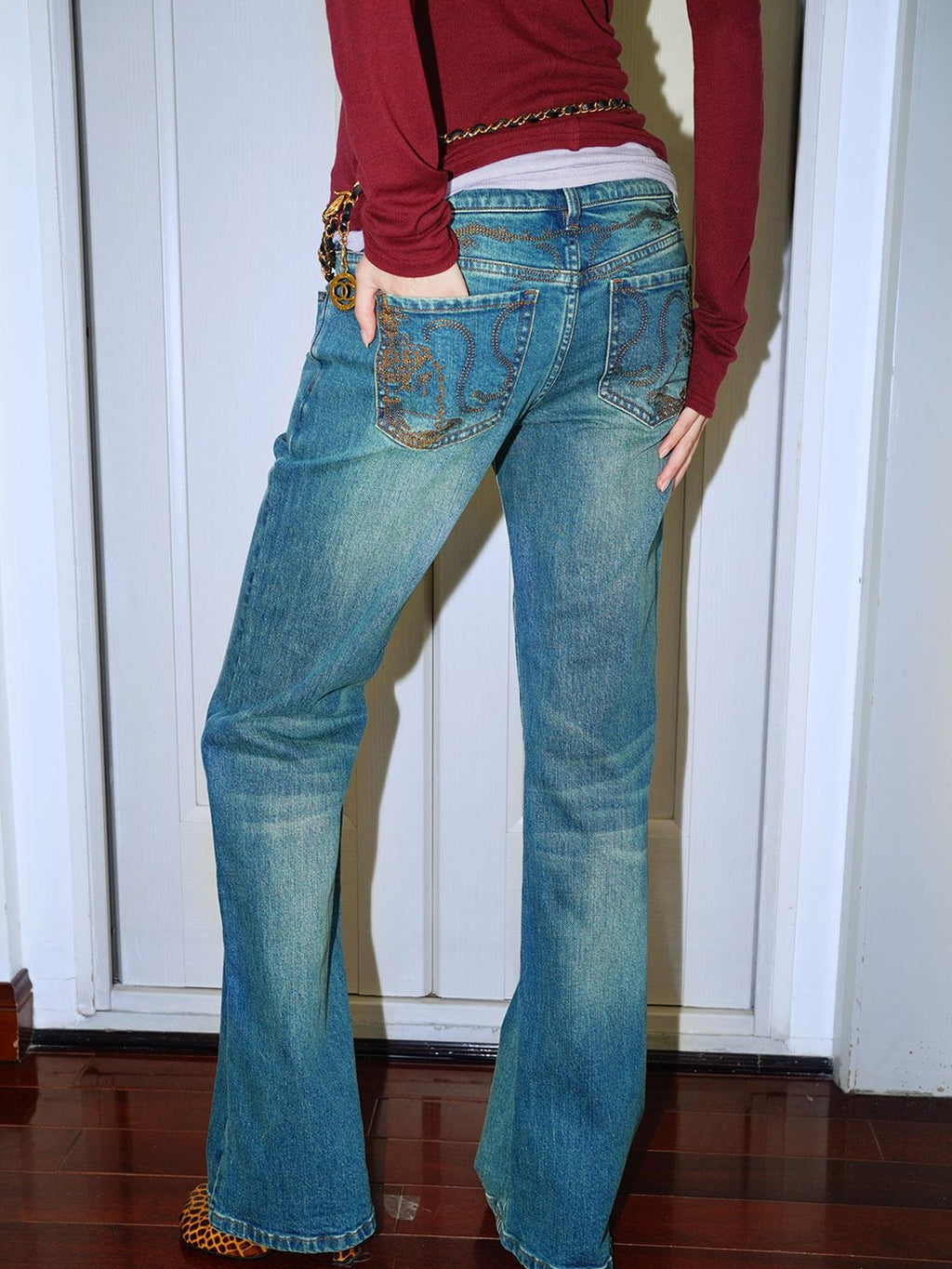 badtaste Western Vintage Machine Embroidered Slim Low Waist Women's Cotton Flare Jeans
