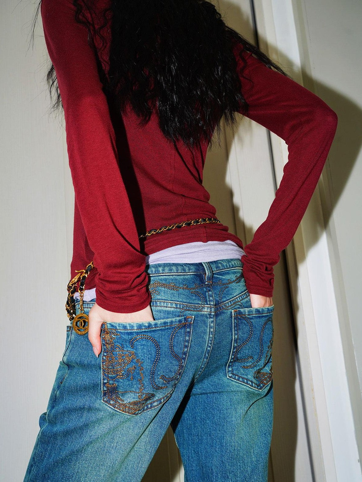 badtaste Western Vintage Machine Embroidered Slim Low Waist Women's Cotton Flare Jeans