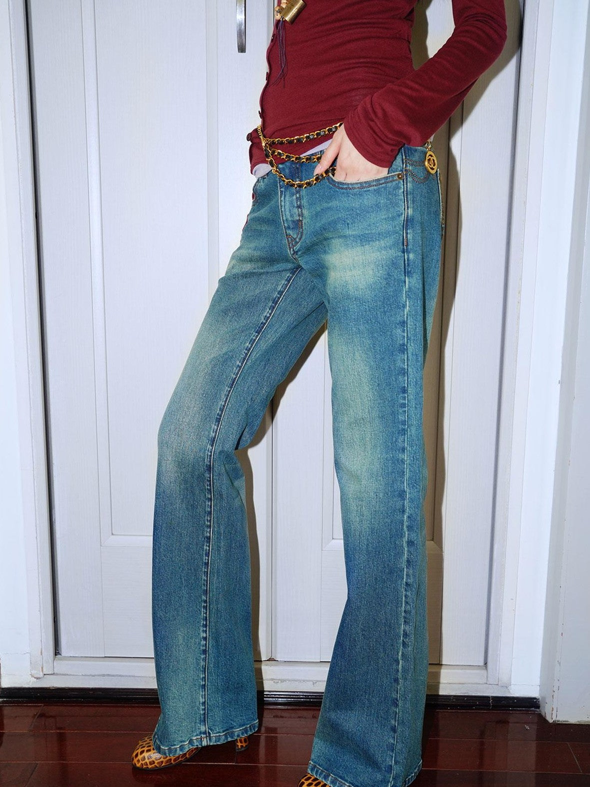 badtaste Western Vintage Machine Embroidered Slim Low Waist Women's Cotton Flare Jeans