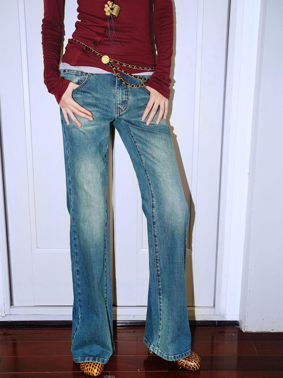 badtaste Western Vintage Machine Embroidered Slim Low Waist Women's Cotton Flare Jeans