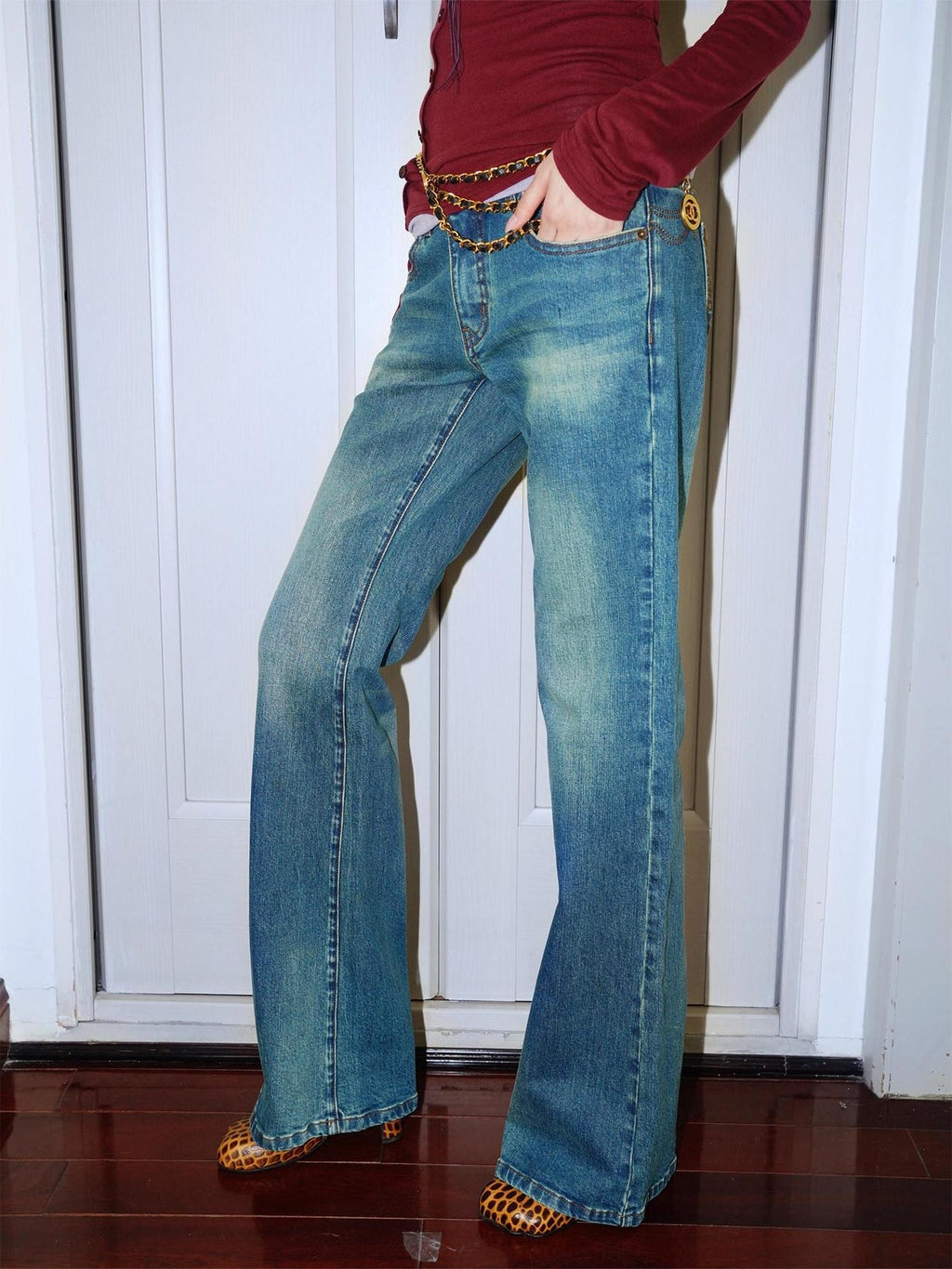 badtaste Western Vintage Machine Embroidered Slim Low Waist Women's Cotton Flare Jeans