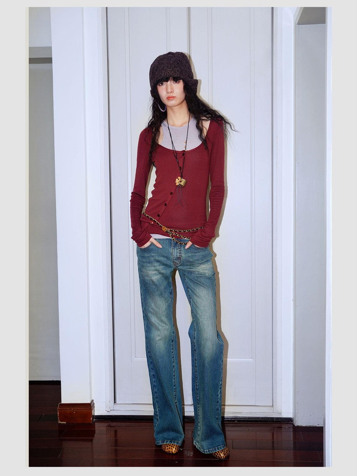 badtaste Western Vintage Machine Embroidered Slim Low Waist Women's Cotton Flare Jeans