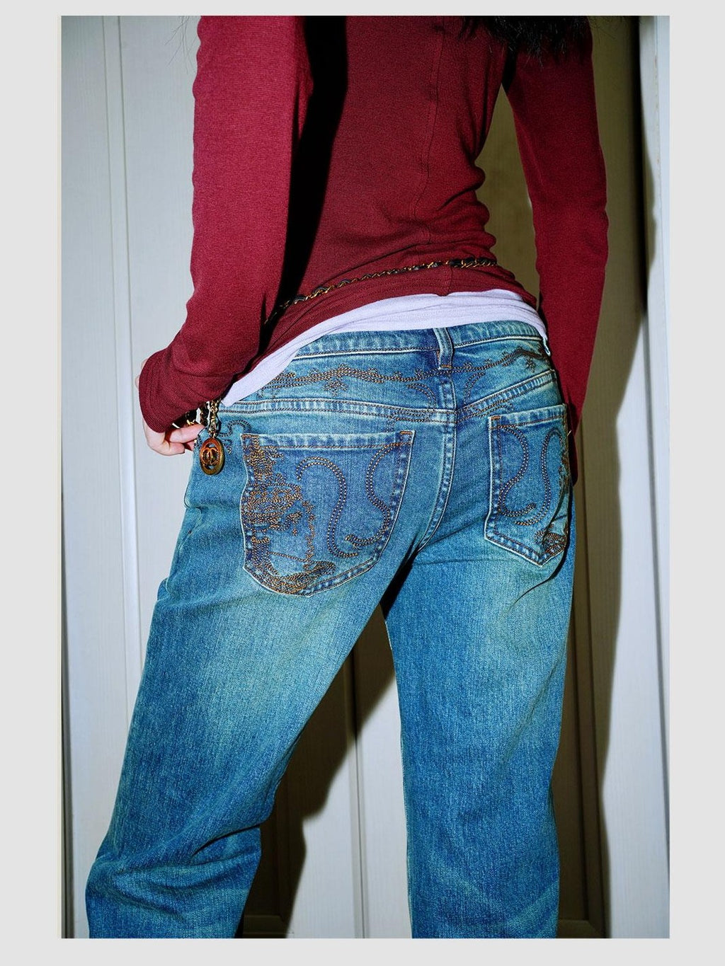 badtaste Western Vintage Machine Embroidered Slim Low Waist Women's Cotton Flare Jeans