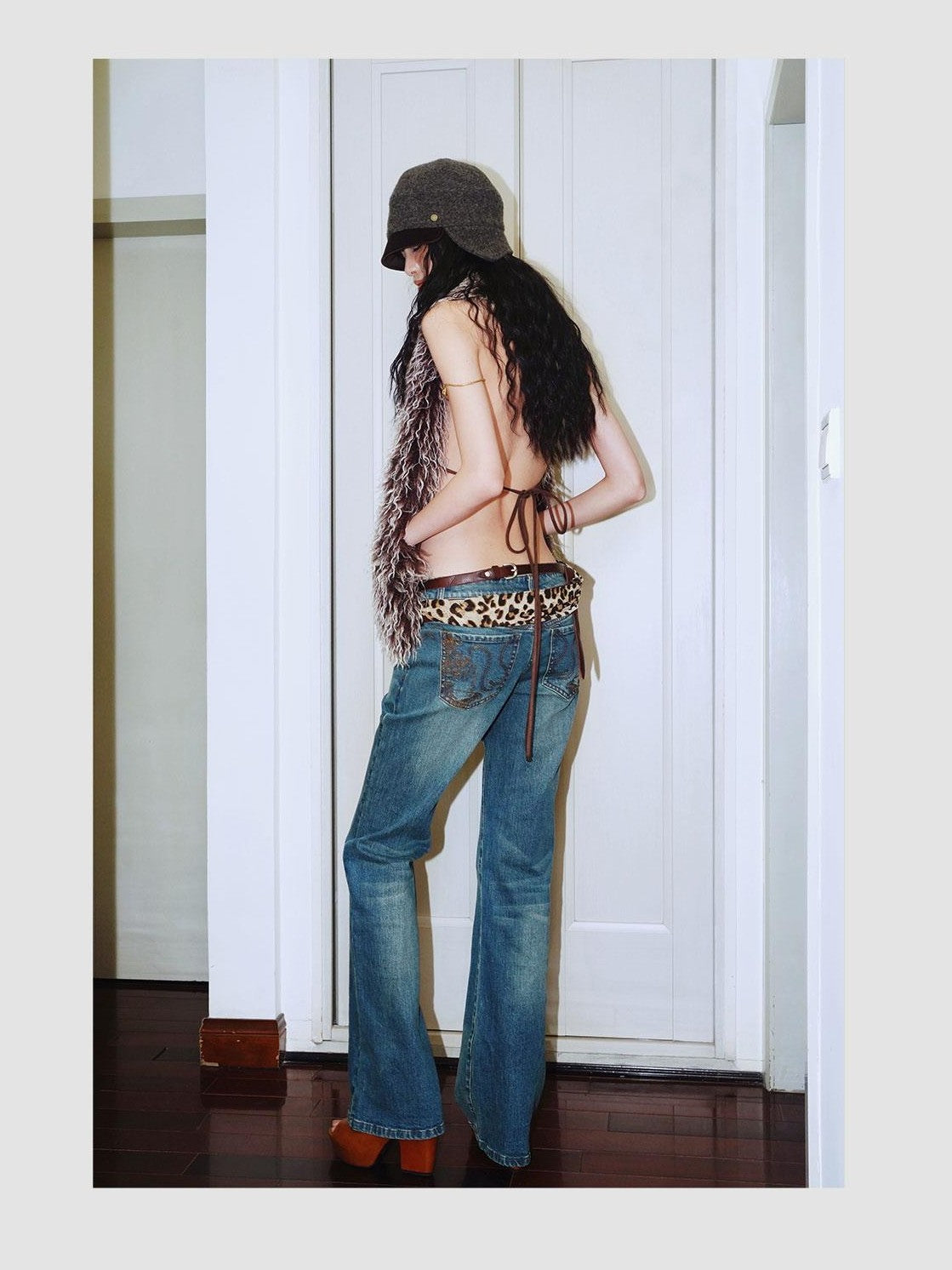 badtaste Western Vintage Machine Embroidered Slim Low Waist Women's Cotton Flare Jeans