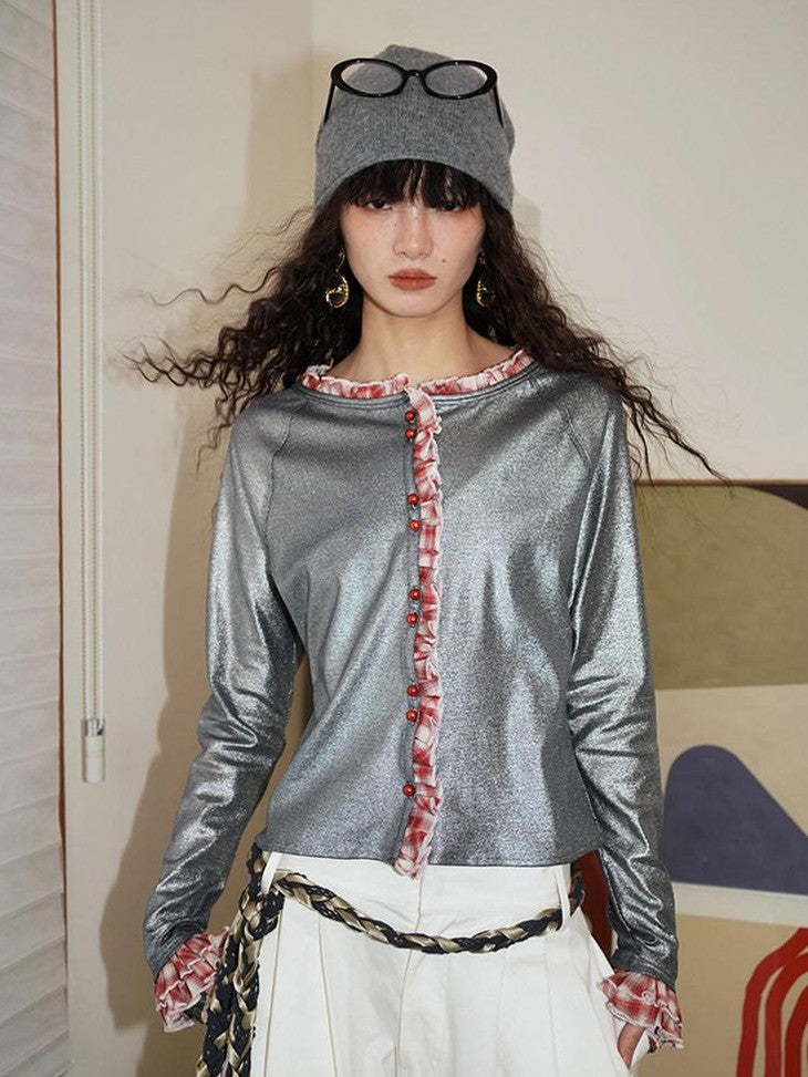 badtaste Western Vintage Metallic Sheen Patchwork Lace Women's Knit Cropped Cardigans