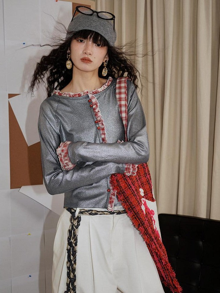 badtaste Western Vintage Metallic Sheen Patchwork Lace Women's Knit Cropped Cardigans