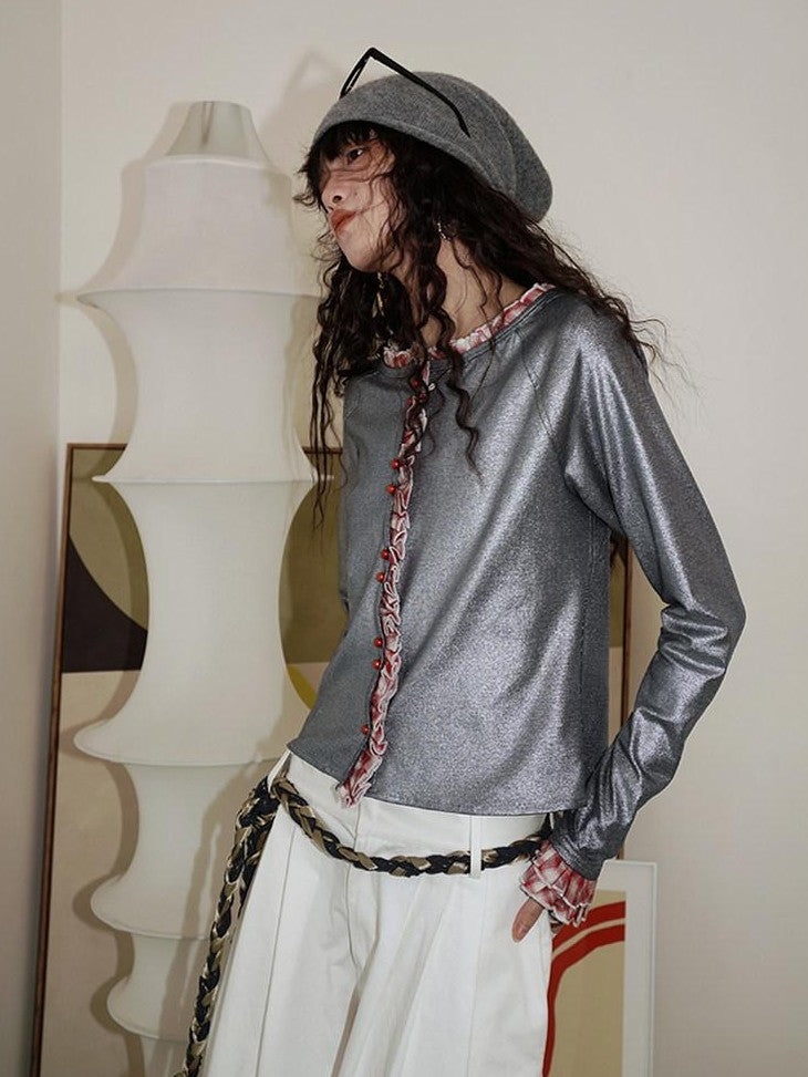 badtaste Western Vintage Metallic Sheen Patchwork Lace Women's Knit Cropped Cardigans