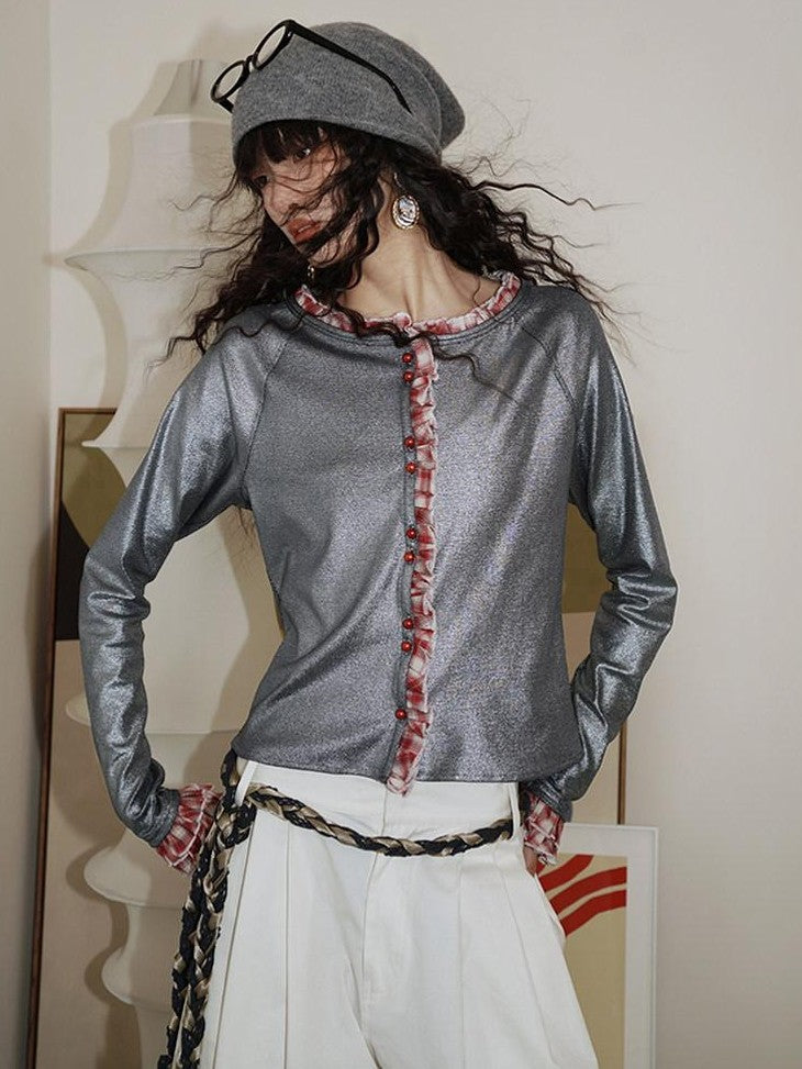 badtaste Western Vintage Metallic Sheen Patchwork Lace Women's Knit Cropped Cardigans