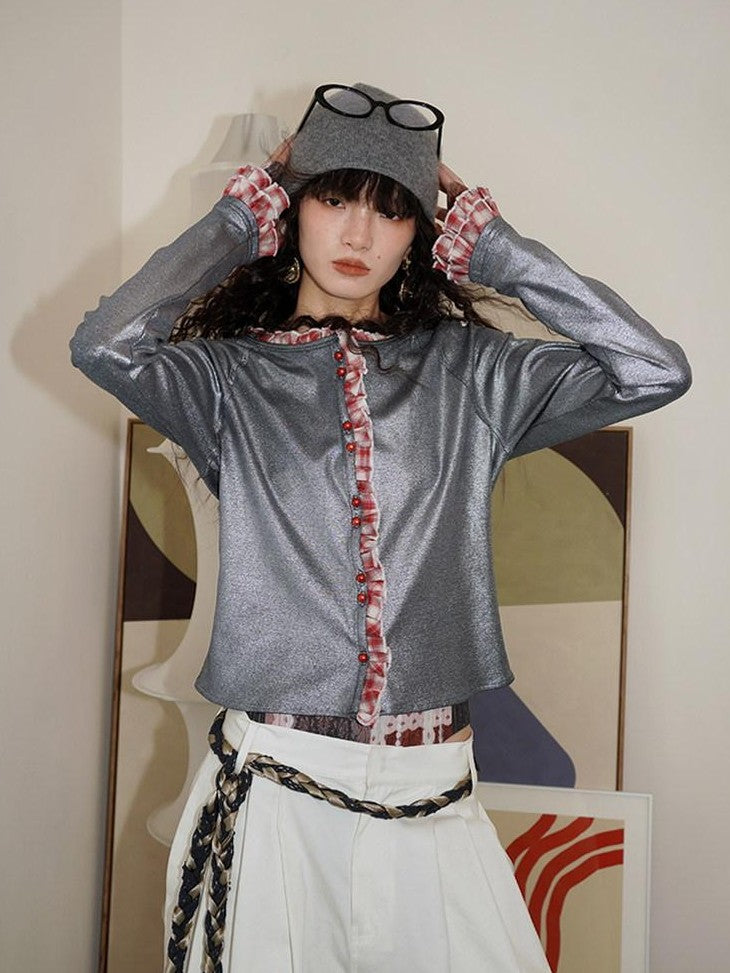 badtaste Western Vintage Metallic Sheen Patchwork Lace Women's Knit Cropped Cardigans