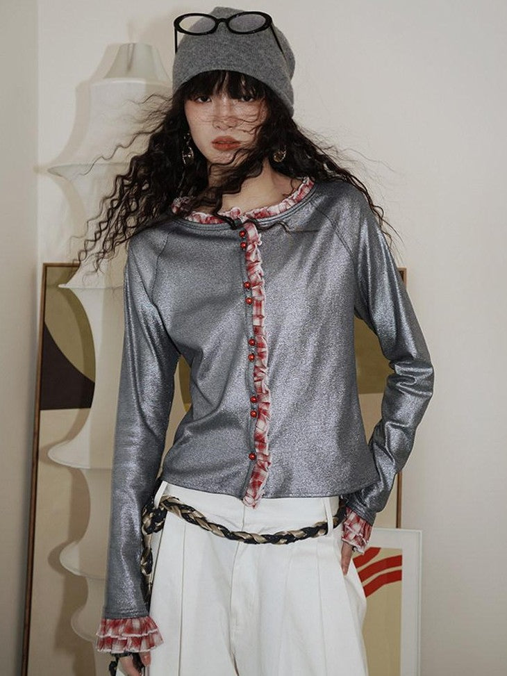 badtaste Western Vintage Metallic Sheen Patchwork Lace Women's Knit Cropped Cardigans