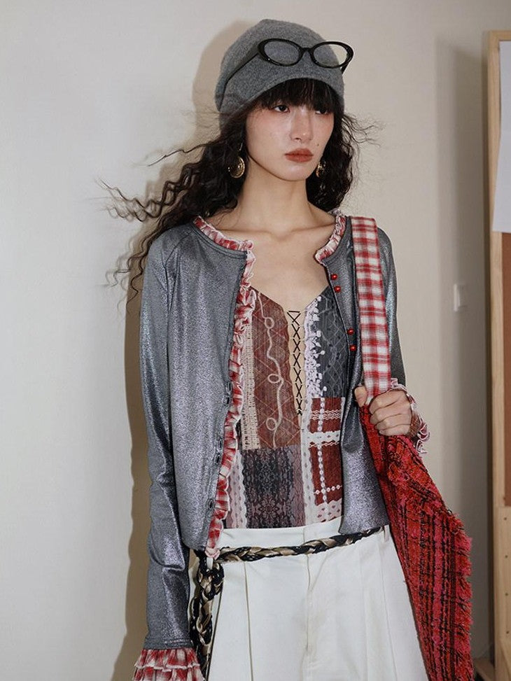 badtaste Western Vintage Metallic Sheen Patchwork Lace Women's Knit Cropped Cardigans
