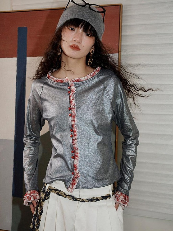 badtaste Western Vintage Metallic Sheen Patchwork Lace Women's Knit Cropped Cardigans