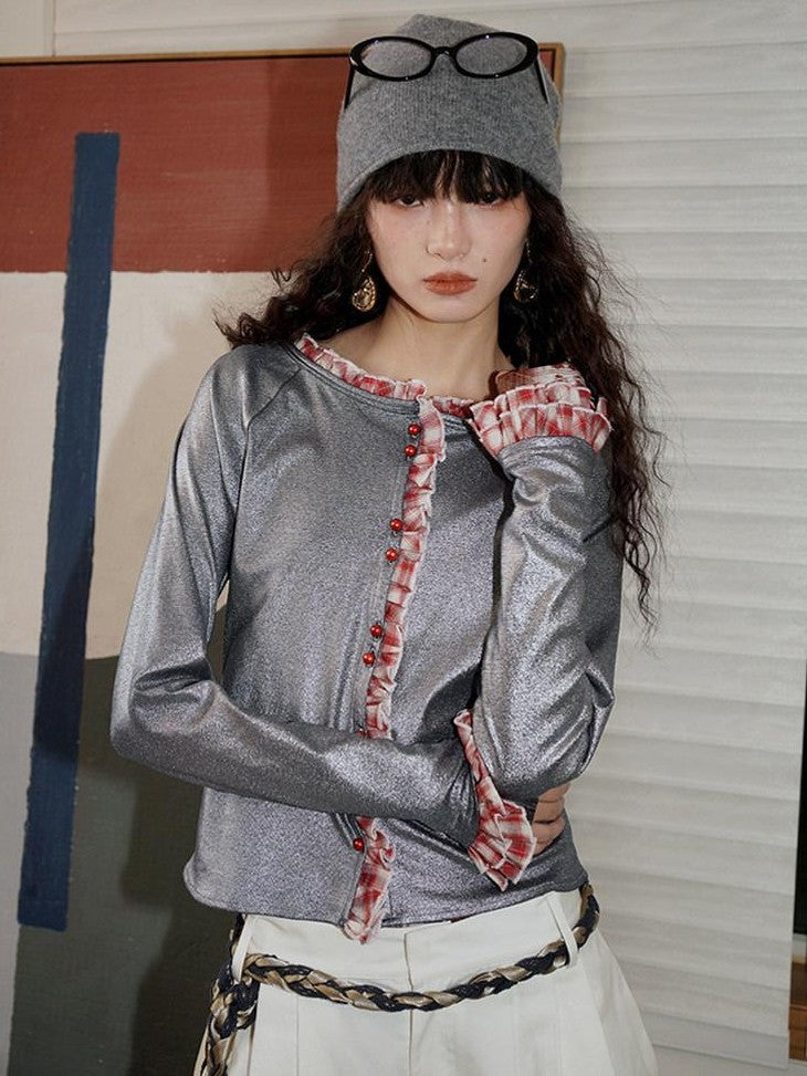badtaste Western Vintage Metallic Sheen Patchwork Lace Women's Knit Cropped Cardigans