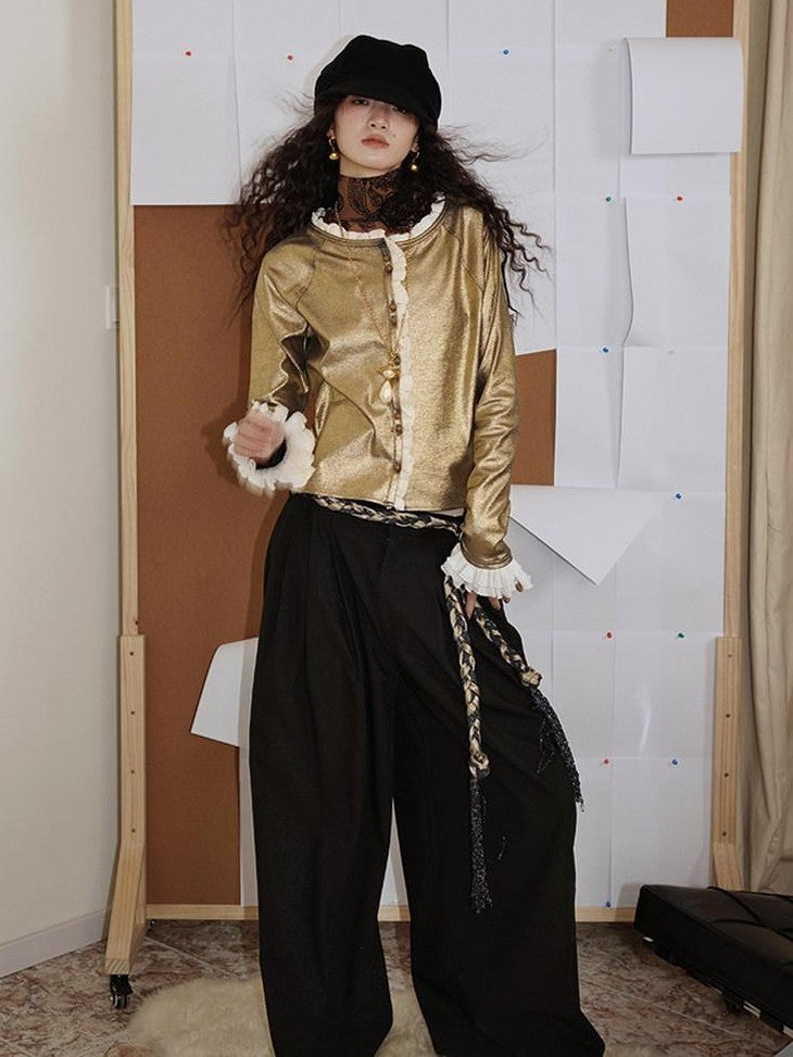 badtaste Western Vintage Metallic Sheen Patchwork Lace Women's Knit Cropped Cardigans