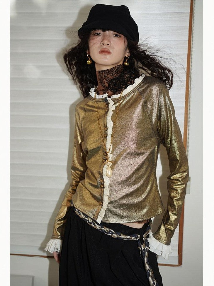 badtaste Western Vintage Metallic Sheen Patchwork Lace Women's Knit Cropped Cardigans