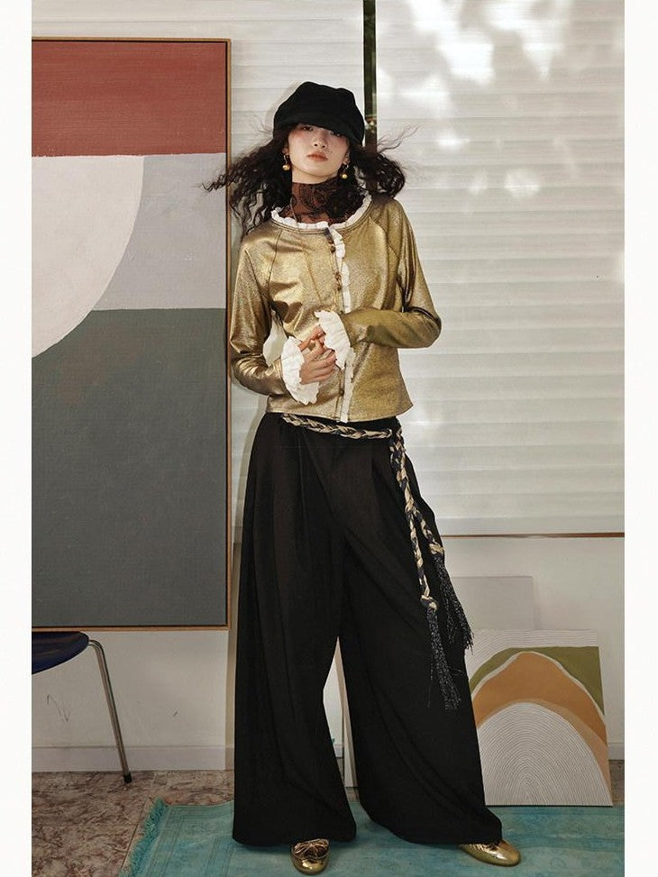 badtaste Western Vintage Metallic Sheen Patchwork Lace Women's Knit Cropped Cardigans