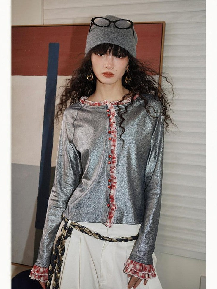 badtaste Western Vintage Metallic Sheen Patchwork Lace Women's Knit Cropped Cardigans