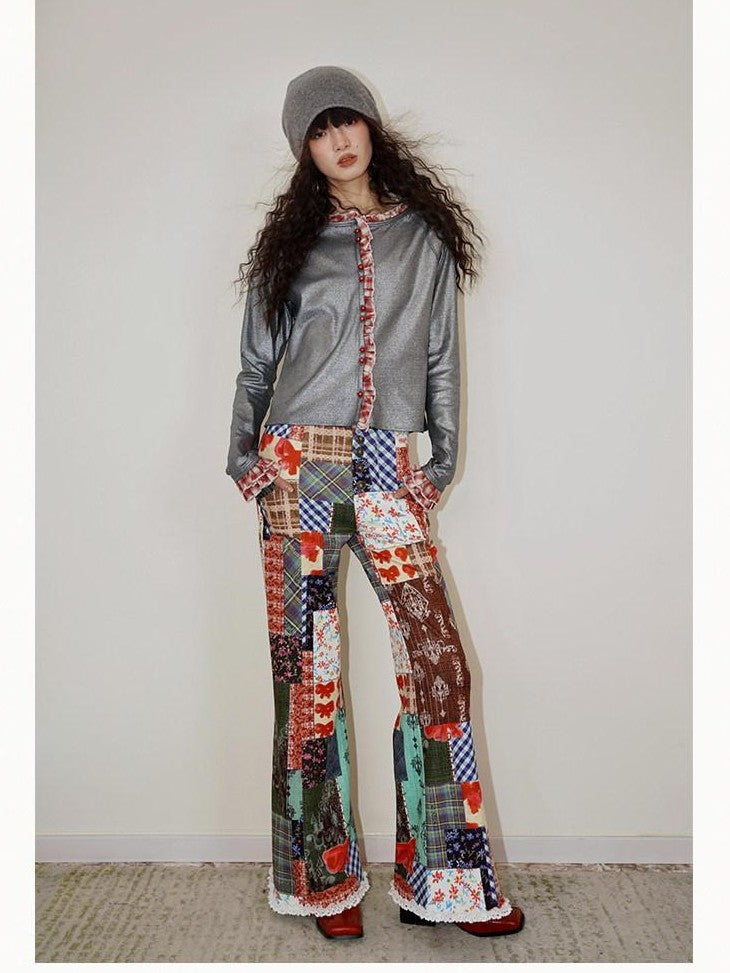 badtaste Western Vintage Metallic Sheen Patchwork Lace Women's Knit Cropped Cardigans