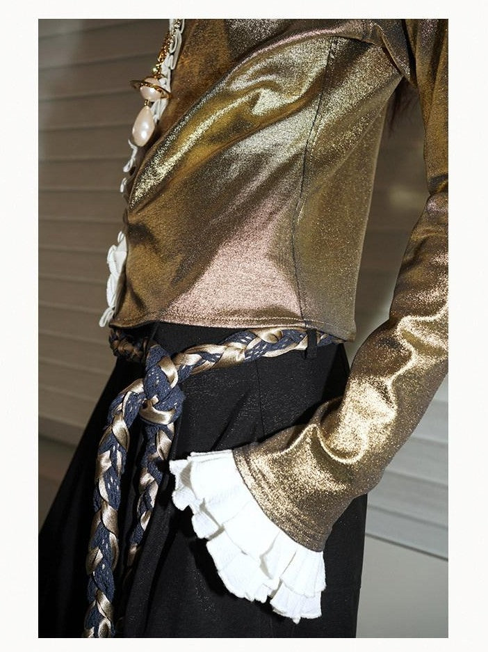 badtaste Western Vintage Metallic Sheen Patchwork Lace Women's Knit Cropped Cardigans