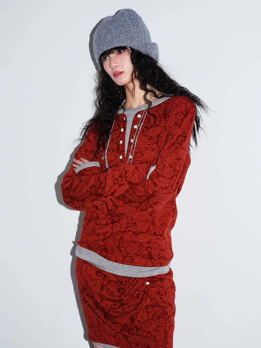 badtaste Western Vintage Paisley Faux Two Piece Sweatshirt Women's Matching Skirt Sets