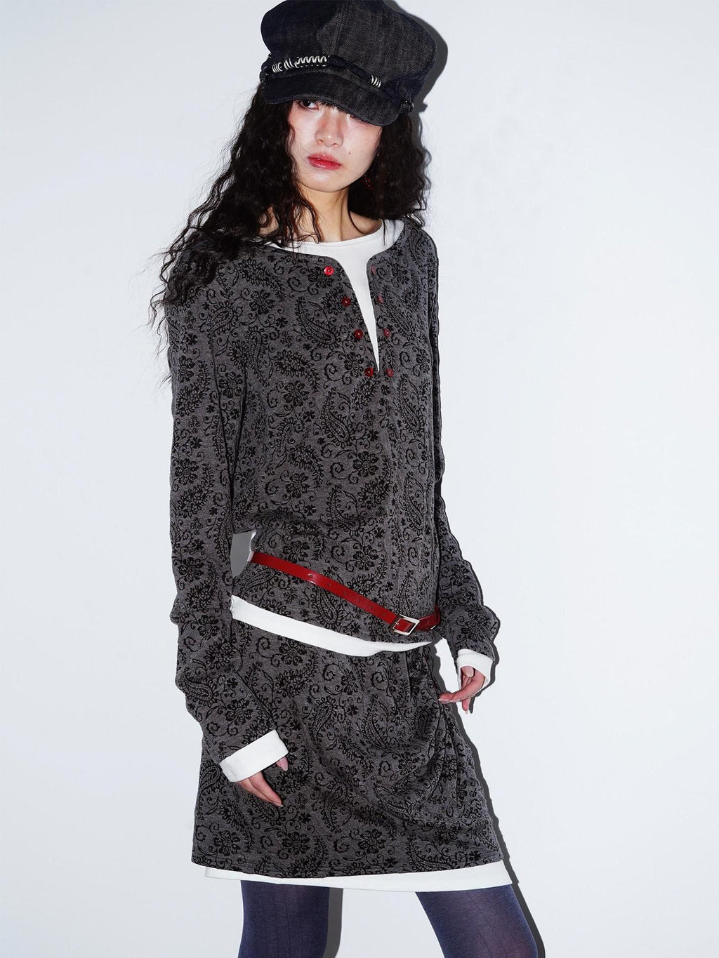 badtaste Western Vintage Paisley Faux Two Piece Sweatshirt Women's Matching Skirt Sets