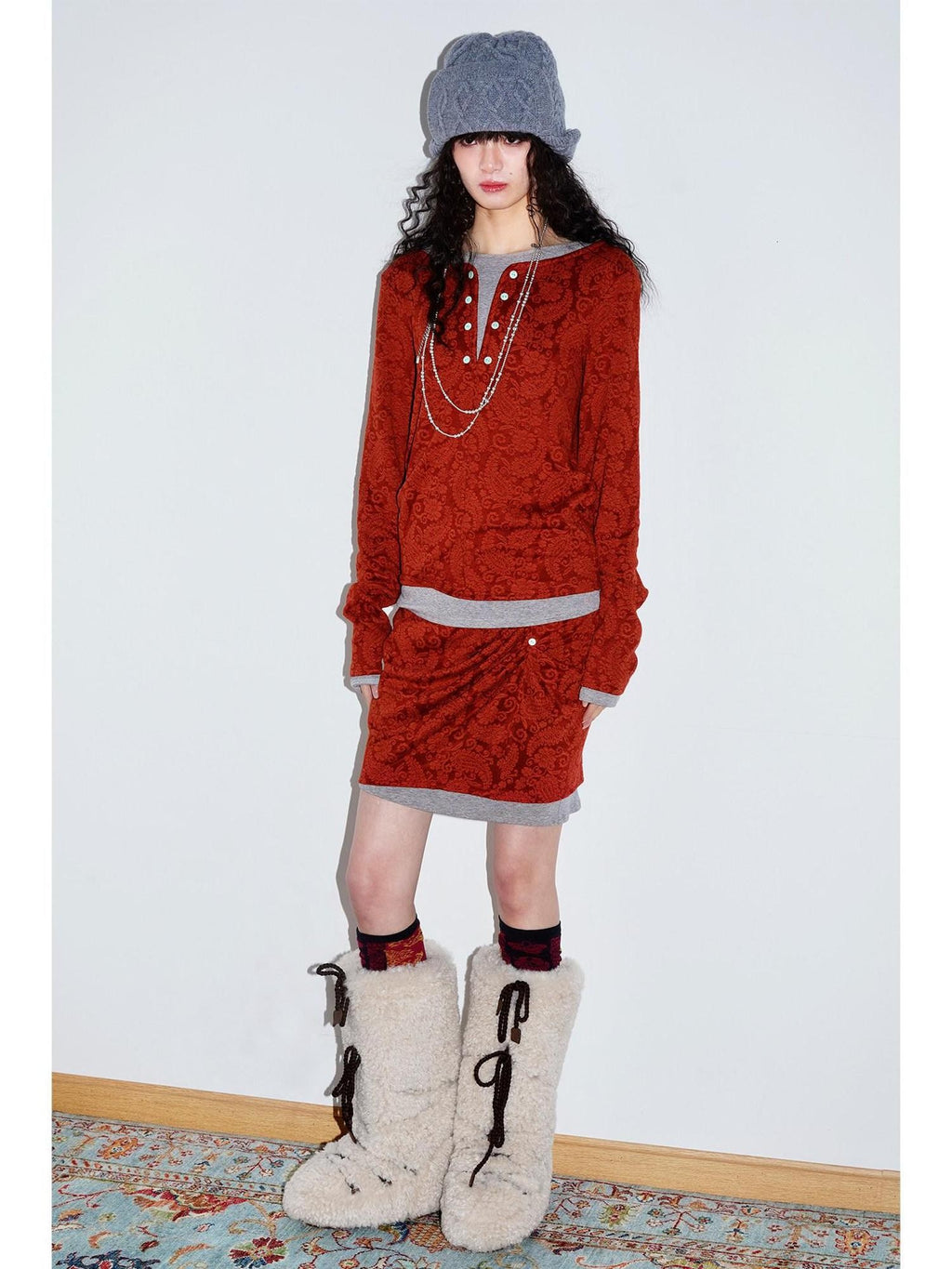 badtaste Western Vintage Paisley Faux Two Piece Sweatshirt Women's Matching Skirt Sets
