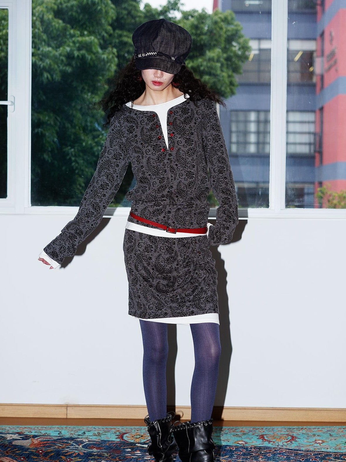 badtaste Western Vintage Paisley Faux Two Piece Sweatshirt Women's Matching Skirt Sets
