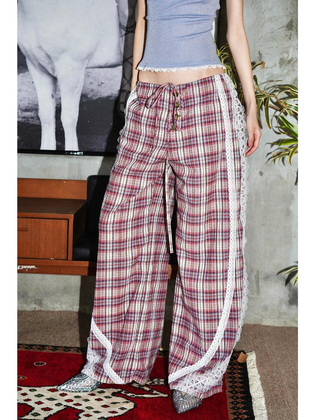 badtaste Western Vintage Plaid Patchwork Lace Relaxed Women's Wide-leg Pants