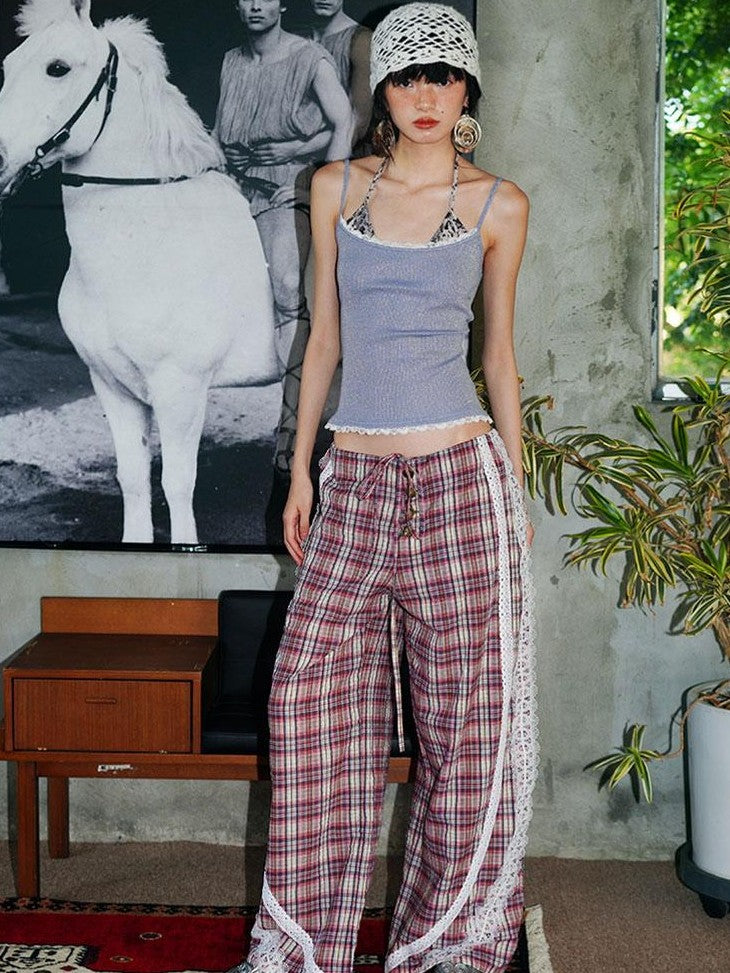 badtaste Western Vintage Plaid Patchwork Lace Relaxed Women's Wide-leg Pants