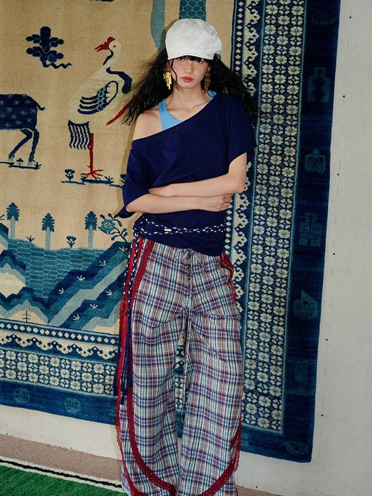 badtaste Western Vintage Plaid Patchwork Lace Relaxed Women's Wide-leg Pants