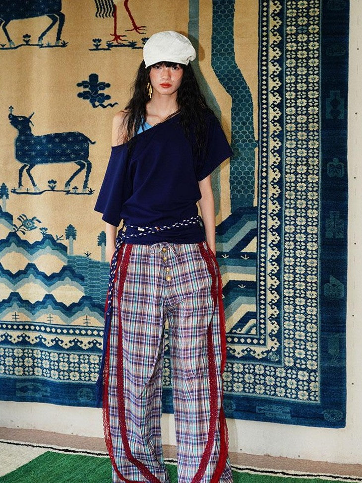 badtaste Western Vintage Plaid Patchwork Lace Relaxed Women's Wide-leg Pants