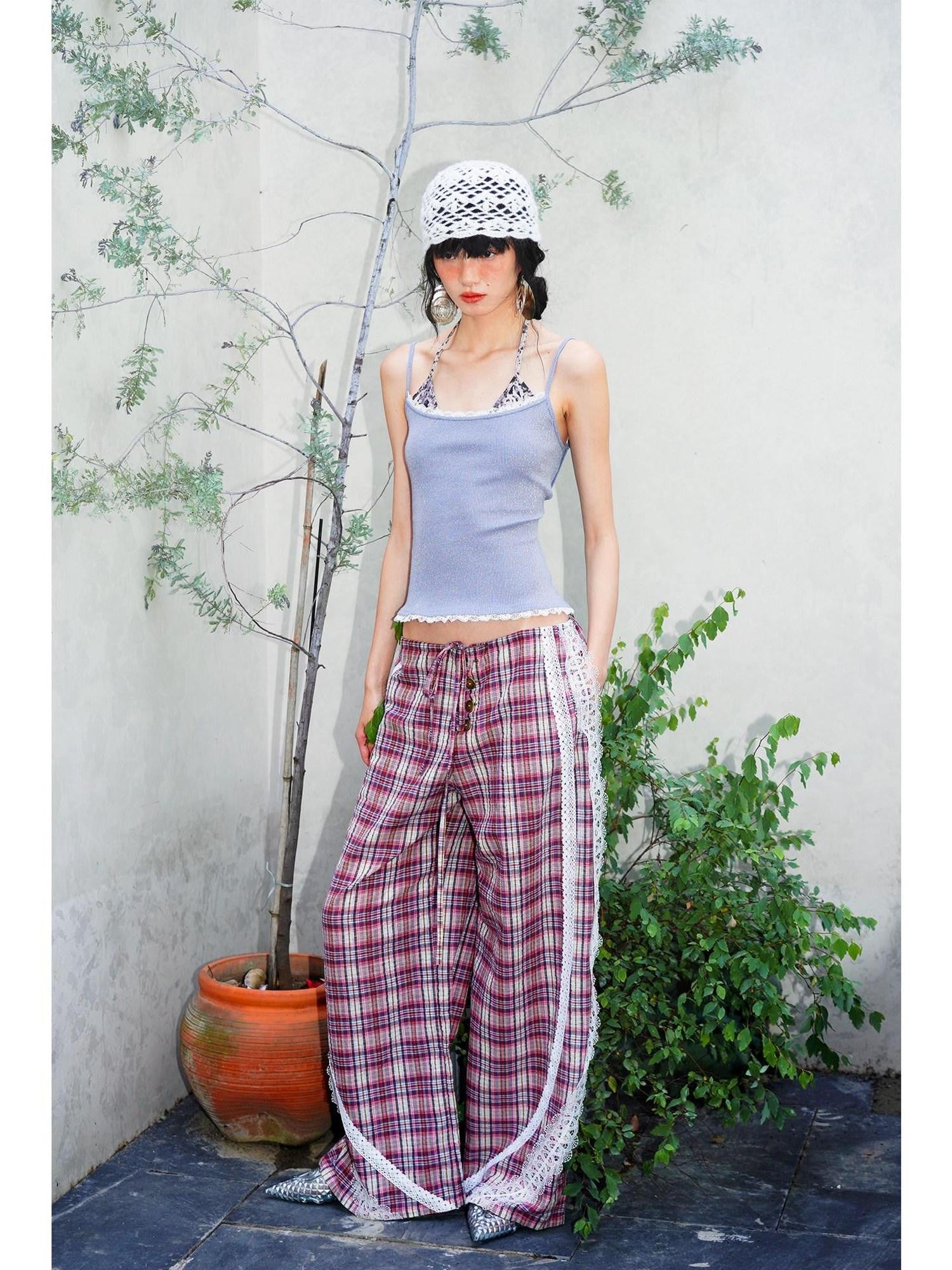 badtaste Western Vintage Plaid Patchwork Lace Relaxed Women's Wide-leg Pants