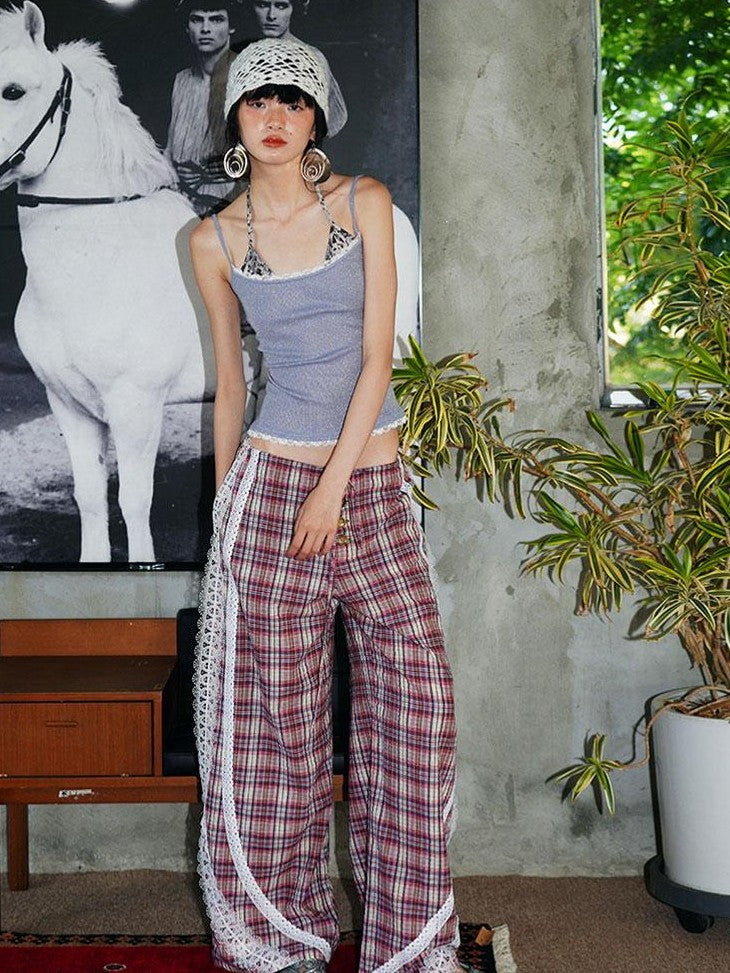 badtaste Western Vintage Plaid Patchwork Lace Relaxed Women's Wide-leg Pants
