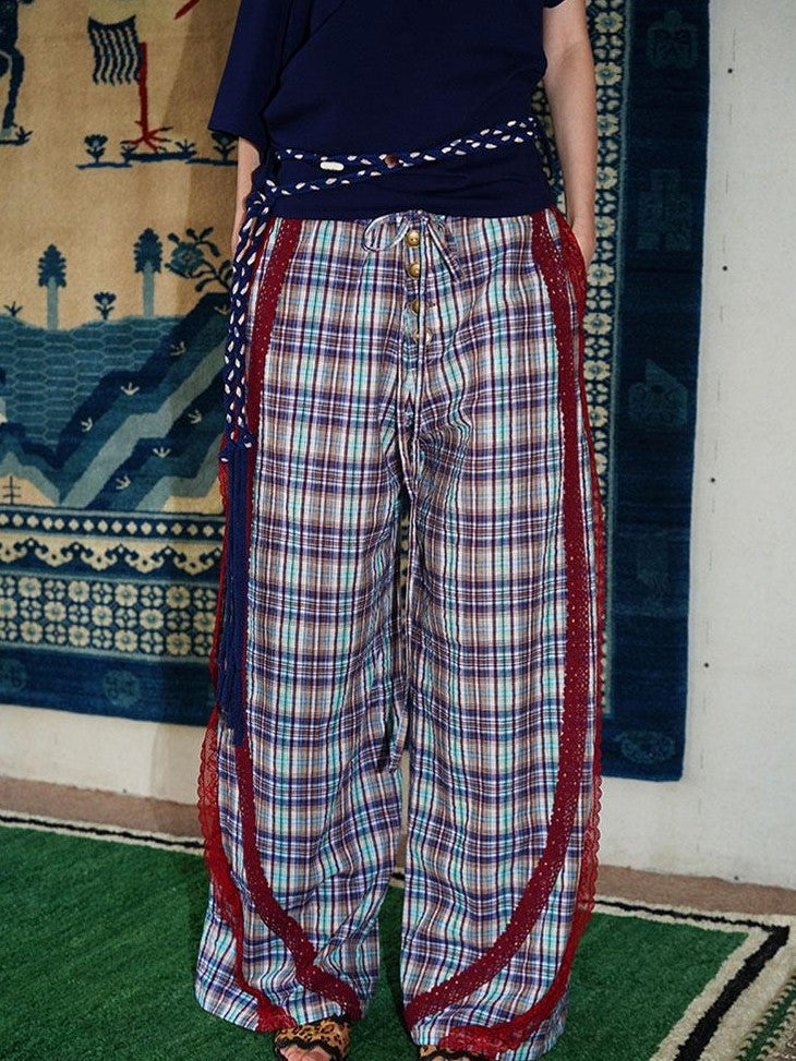 badtaste Western Vintage Plaid Patchwork Lace Relaxed Women's Wide-leg Pants