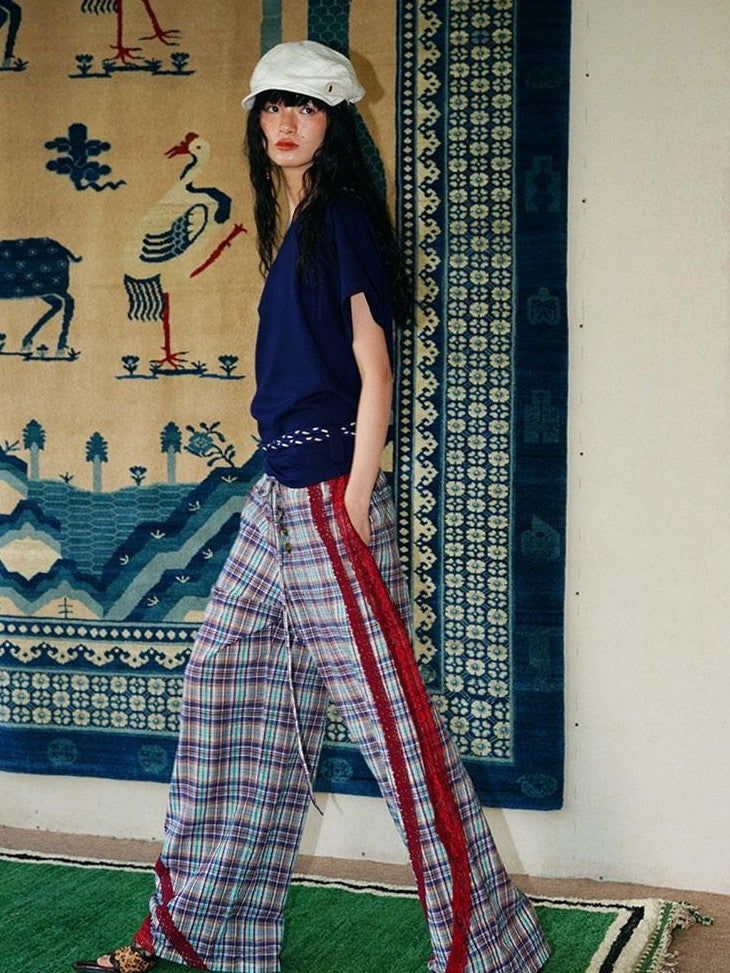 badtaste Western Vintage Plaid Patchwork Lace Relaxed Women's Wide-leg Pants