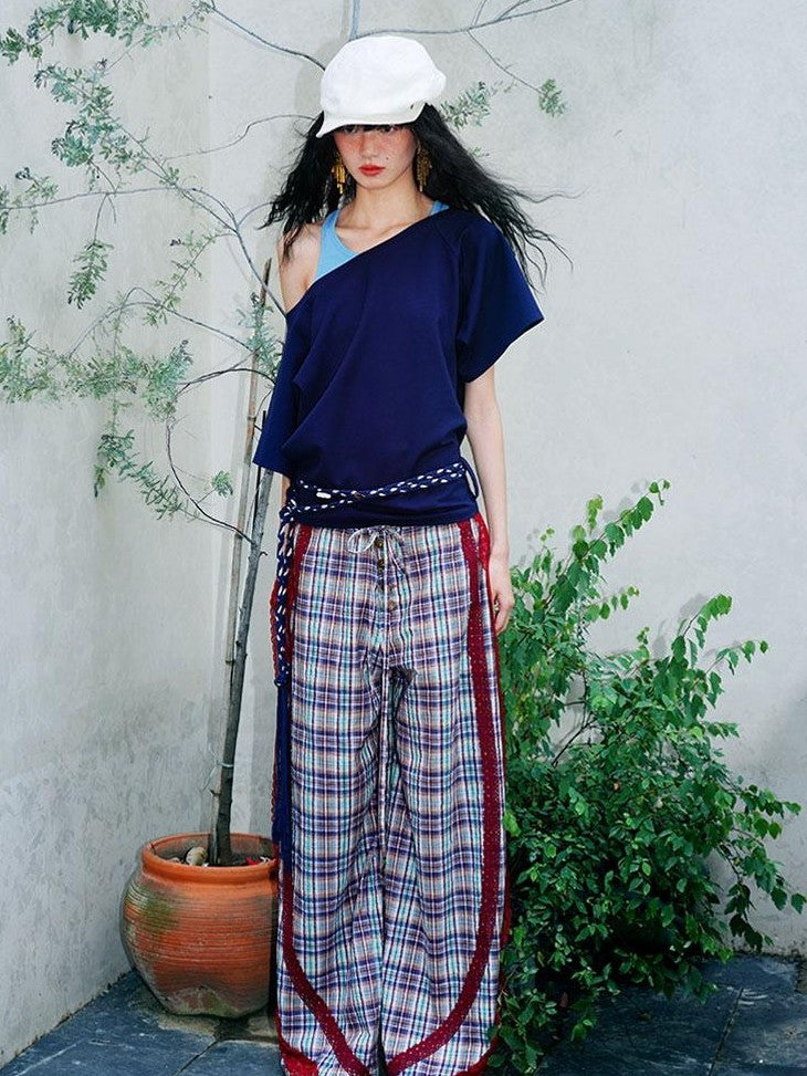 badtaste Western Vintage Plaid Patchwork Lace Relaxed Women's Wide-leg Pants