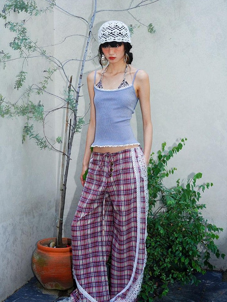 badtaste Western Vintage Plaid Patchwork Lace Relaxed Women's Wide-leg Pants