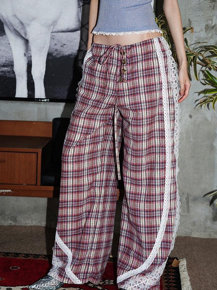 badtaste Western Vintage Plaid Patchwork Lace Relaxed Women's Wide-leg Pants