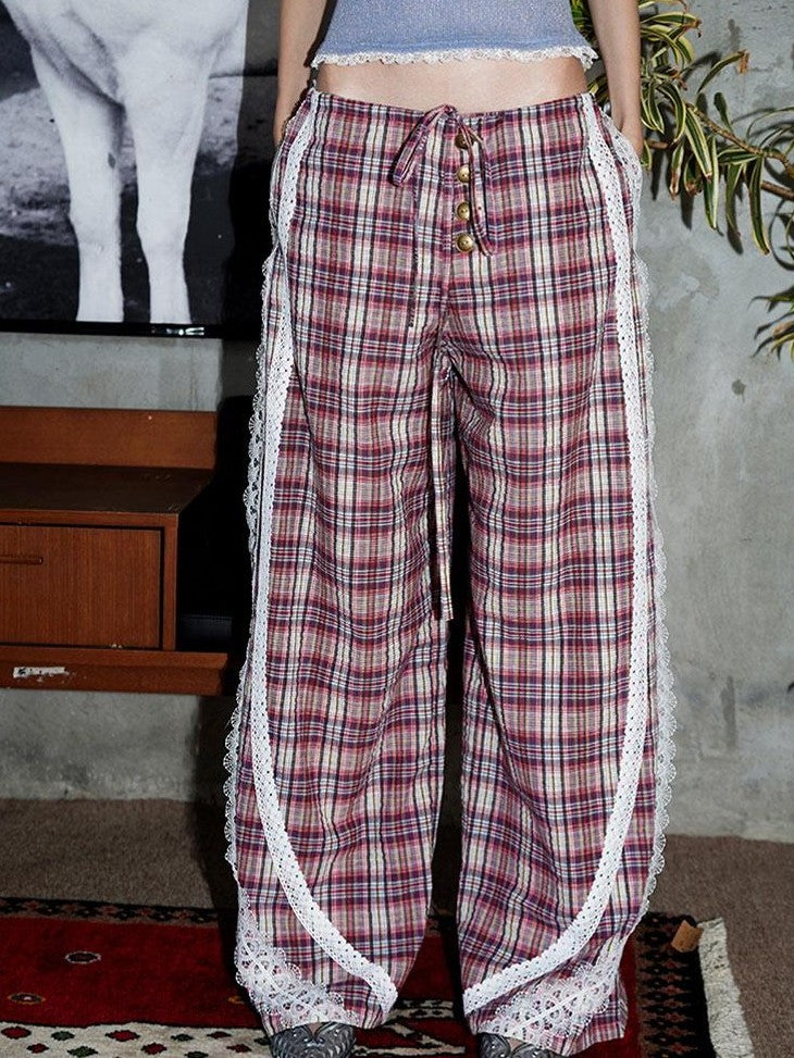 badtaste Western Vintage Plaid Patchwork Lace Relaxed Women's Wide-leg Pants