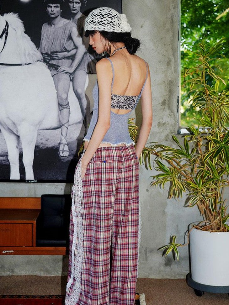 badtaste Western Vintage Plaid Patchwork Lace Relaxed Women's Wide-leg Pants
