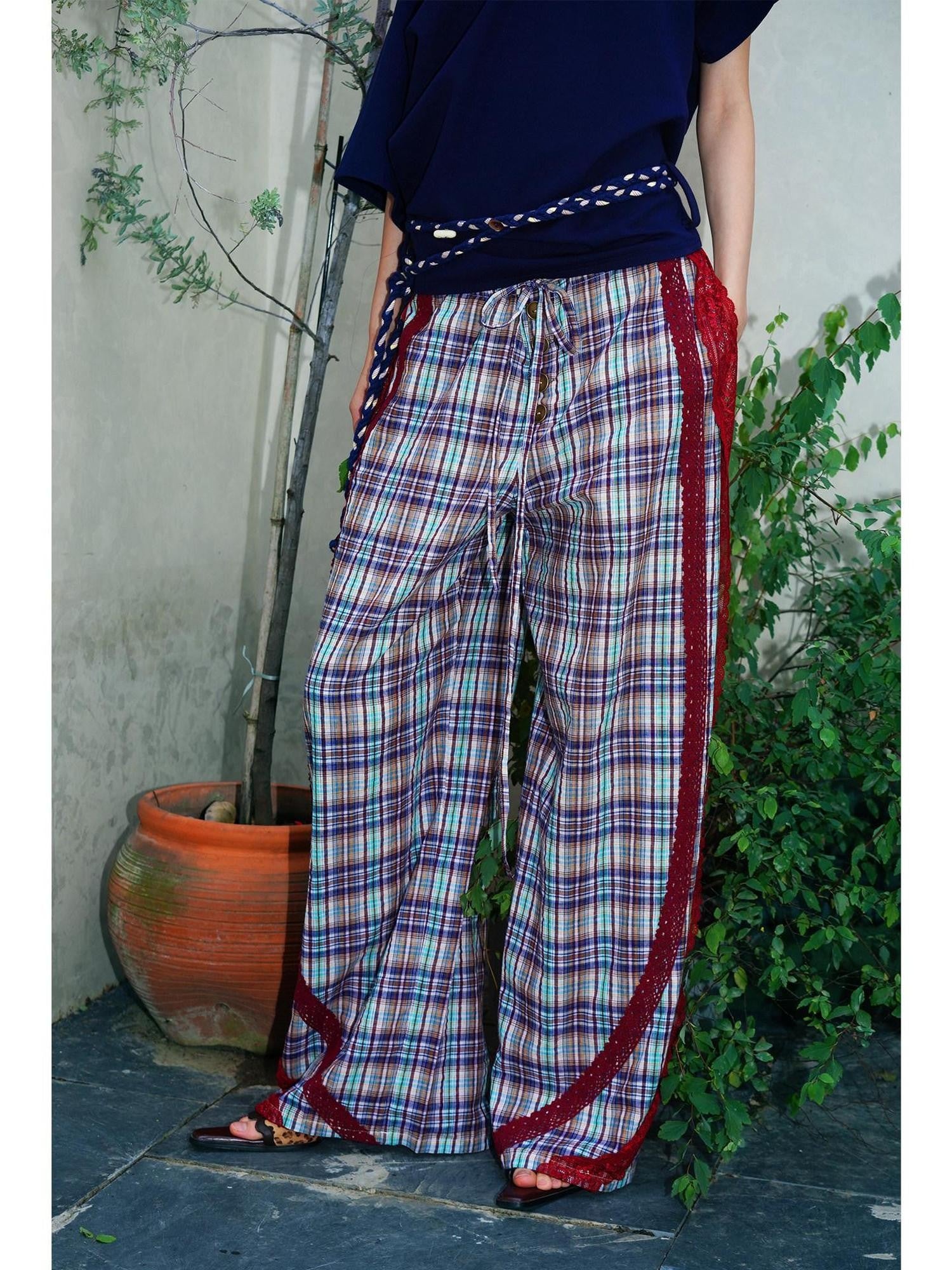 badtaste Western Vintage Plaid Patchwork Lace Relaxed Women's Wide-leg Pants