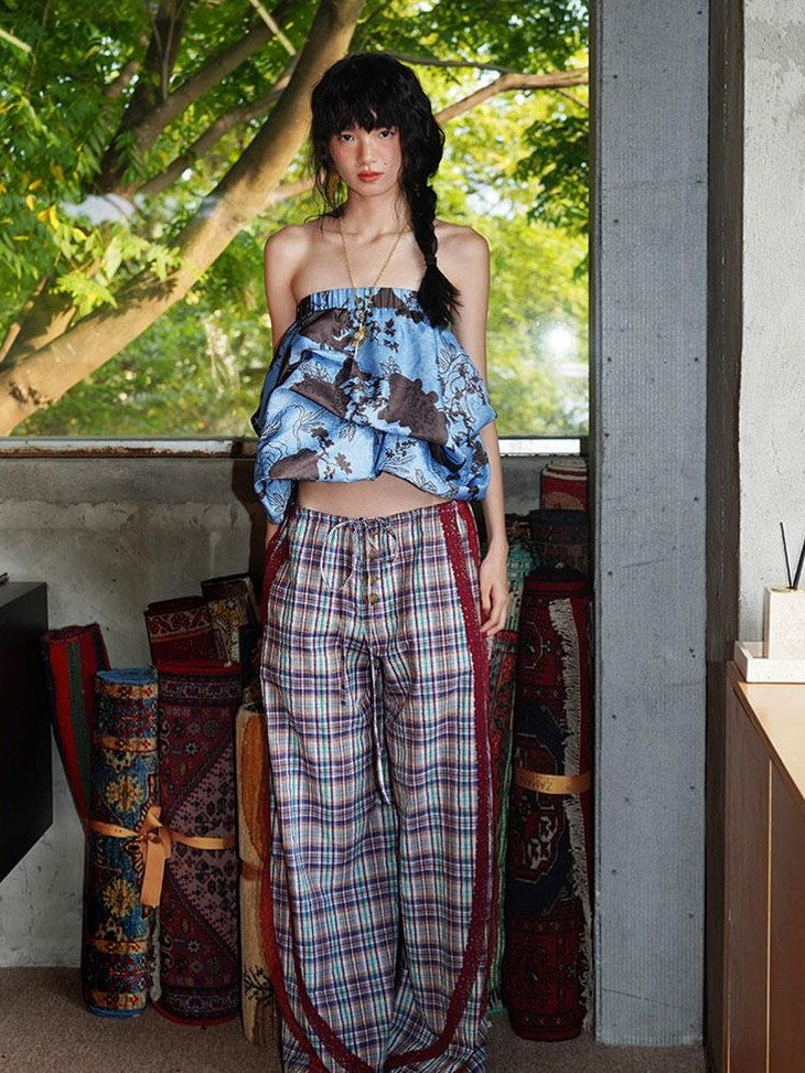 badtaste Western Vintage Plaid Patchwork Lace Relaxed Women's Wide-leg Pants
