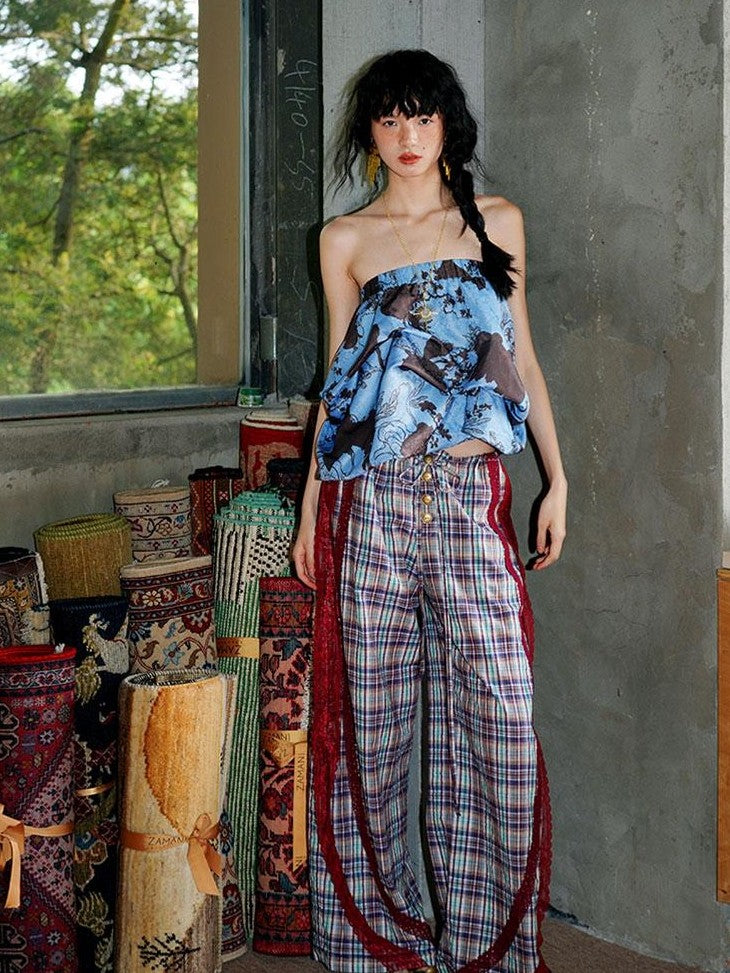 badtaste Western Vintage Plaid Patchwork Lace Relaxed Women's Wide-leg Pants