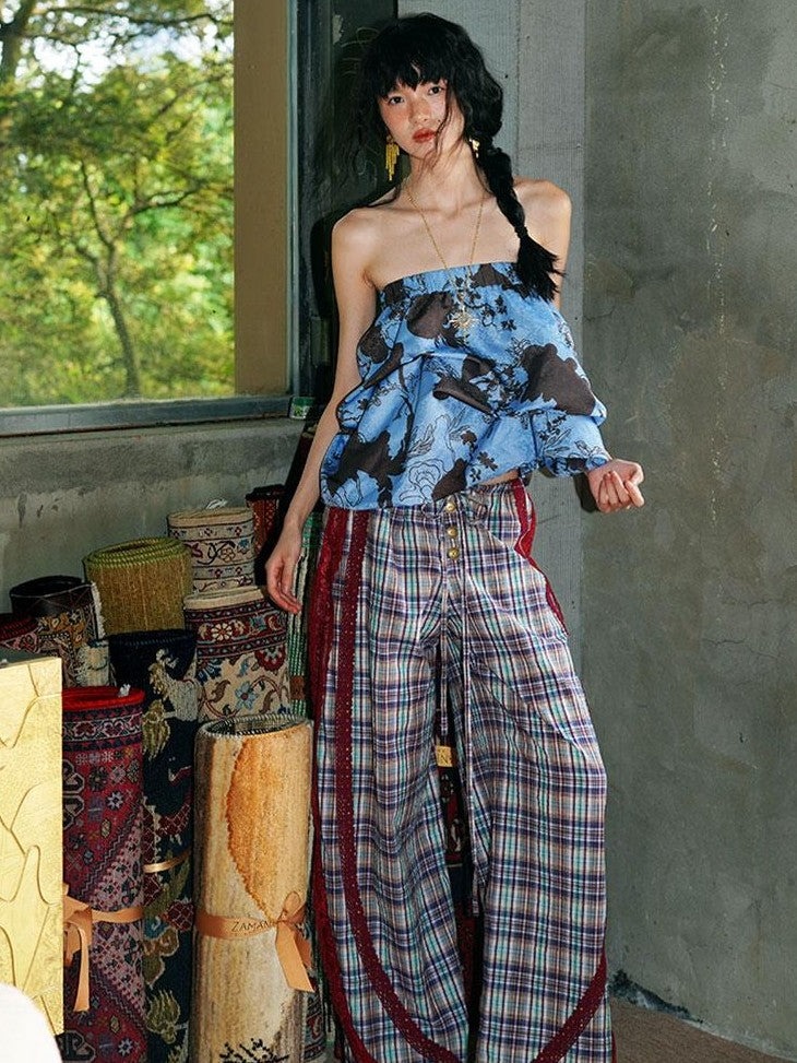 badtaste Western Vintage Plaid Patchwork Lace Relaxed Women's Wide-leg Pants