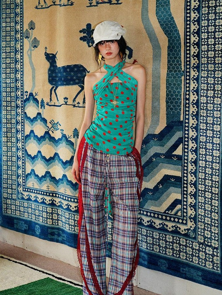 badtaste Western Vintage Plaid Patchwork Lace Relaxed Women's Wide-leg Pants