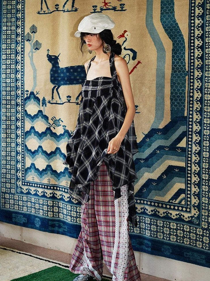 badtaste Western Vintage Plaid Patchwork Lace Relaxed Women's Wide-leg Pants