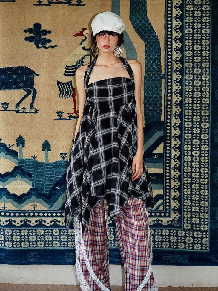 badtaste Western Vintage Plaid Patchwork Lace Relaxed Women's Wide-leg Pants